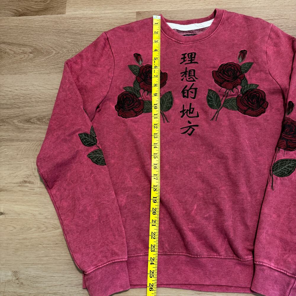 Blind Rooster Rose Embroidered Acid Wash Sweatshirt Red Kanji Streetwear Men's M - Picture 3 of 4
